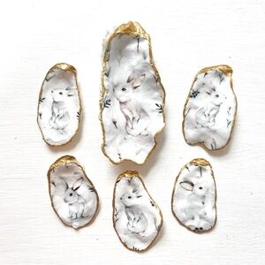Handcrafted Decoupage Bunny Oyster Shell Trinket Dishes – Set of 6